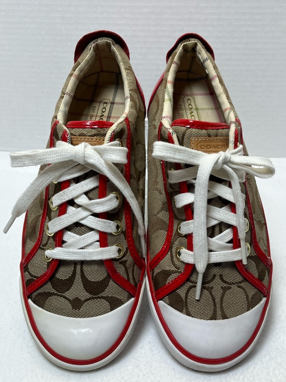Coach Barrett Signature Logo Canvas Tennis Shoes Brown Red Trim Size 8B